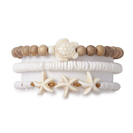 3Pcs 3 Styles Tortoise Round Wood & Disc Sea Shell Beaded Stretch Bracelet Sets, Summer Beach Starfish Synthetic Turquoise Braided Bead Adjustable Stackable Bracelets for Women Men