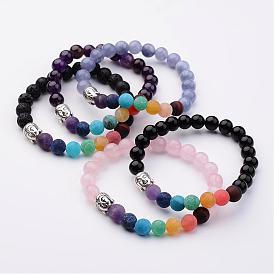 Natural Gemstone Stretch Beads Bracelets, with Alloy Buddha Head, Antique Silver