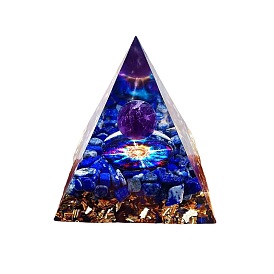 Orgonite Pyramid Resin Display Decorations, with Natural Amethyst, Lapis Lazuli Chips Inside, for Home Office Desk