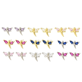 Dragonfly Brass Stud Earrings, with Clear Cubic Zirconia, Long-Lasting Plated, Lead Free & Cadmium Free