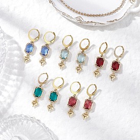 Glass Leverback Earrings, 304 Stainless Steel Leverback Earring Findings, Rectangle with Heart, Golden