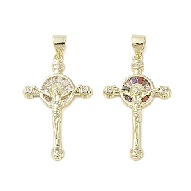Real 18K Gold Plated Brass Micro Pave Cubic Zirconia Pendants, Cross with Jesus