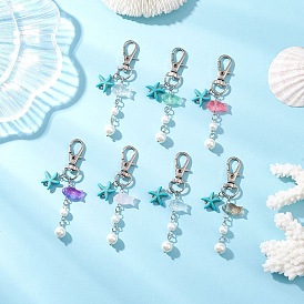 7 шт. подвески в виде морских звезд из искусственной бирюзы и стеклянных рыбок, с круглыми бусинами из искусственного жемчуга и карабинами из сплава