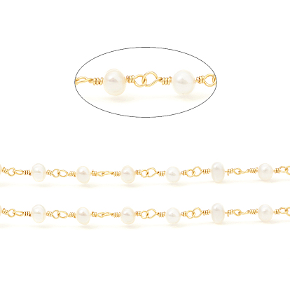 Цепочка из бисера ручной работы, с натуральным пресноводным жемчугом и фурнитурой из латуни, долговечный, несварные, с катушкой, круглые