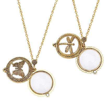 2Pcs 2 Styles Magnifying Glass Magnetic Locket Pendant Necklaces, with Zinc Alloy Cable Chains, Mixed Shapes, Clear