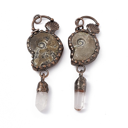 Natural Fossil Big Pendants, Shell Charms with Faceted Bullet, with Rack Plating Red Copper Tone Brass Findings and Quartz Crystal, Cadmium Free & Lead Free