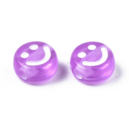 Transparent Acrylic Beads, Flat Round with Enamel Smiling Face