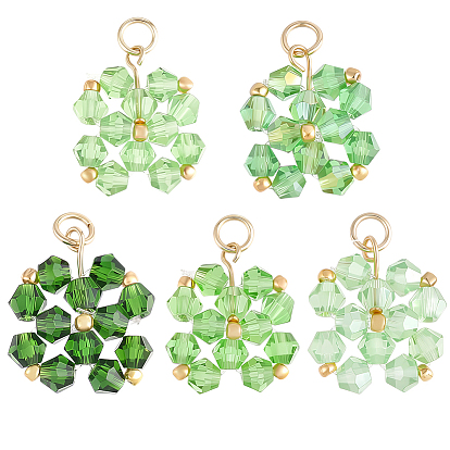 10шт. 2пакеты 5 цвета прозрачные стеклянные бусины подвески, клевер, с открытыми пружинными кольцами из нержавеющей стали 304, граненые