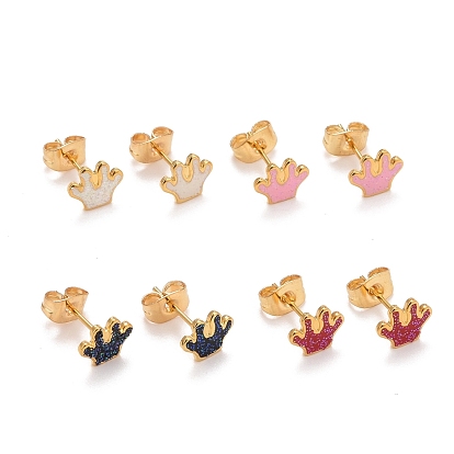 304 Stainless Steel Enamel Stud Earrings, with 316 Surgical Stainless Steel Pin & Glitter Powder, Golden, Crown