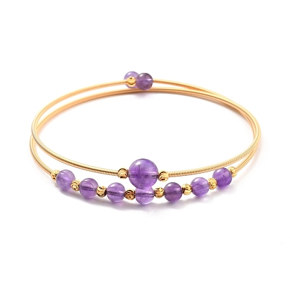 Golden Brass Double Loop Wrap Bangle, Natural Amethyst Beaded Open Bangle for Women, Lead Free & Cadmium Free