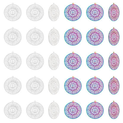 40 шт. 2 цвета 201 филигранные подвески из нержавеющей стали, гравированные металлические украшения, плоские круглые с солнцем