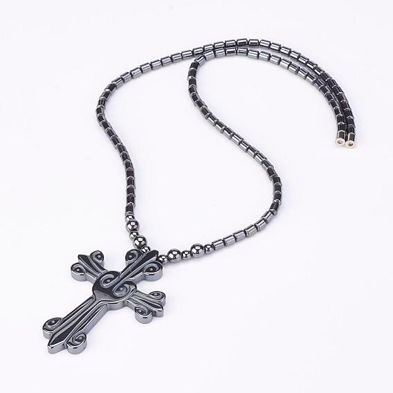 Non-Magnetic Synthetic Hematite Pendant Necklaces, with Magnetic Clasps, Cross