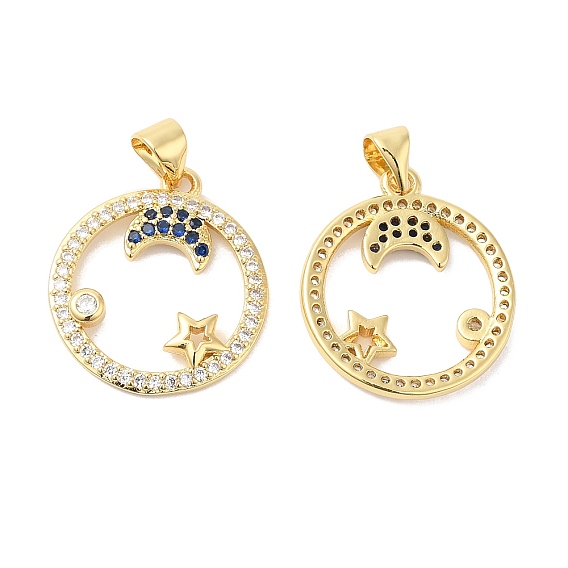 Brass Micro Pave Cubic Zirconia Pendants, Ring with Moon & Star Charms