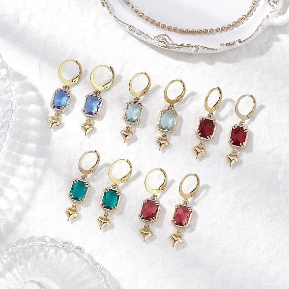 Стеклянные серьги с защелкой, 304 из нержавеющей стали выводы Leverback серьги, Прямоугольник с сердцем, золотые