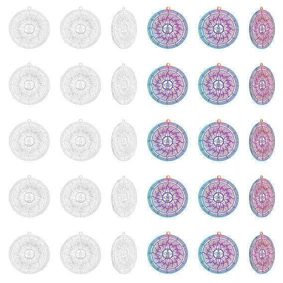 40 шт. 2 цвета 201 филигранные подвески из нержавеющей стали, гравированные металлические украшения, плоские круглые с солнцем