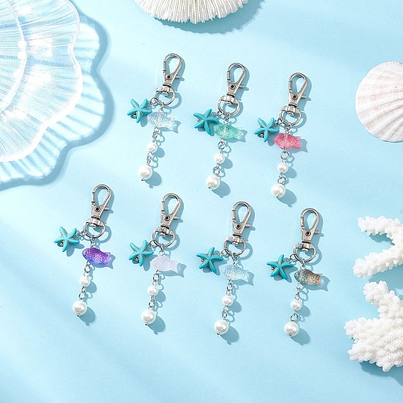 7 шт. подвески в виде морских звезд из искусственной бирюзы и стеклянных рыбок, с круглыми бусинами из искусственного жемчуга и карабинами из сплава