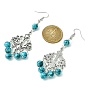 Alloy Flower Chandelier Earrings, Synthetic Turquoise Round Beaded Long Drop Earrings for Women