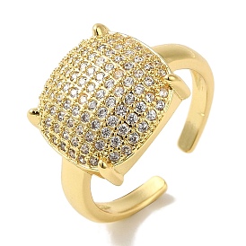 Rack Plating Brass Micro Pave Clear Cubic Zirconia Cuff Ring, Rectangle Open Ring for Women Men, Cadmium Free & Lead Free