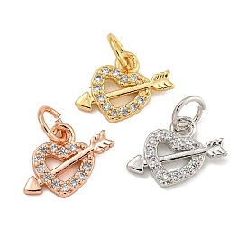 Rack Plating Brass Micro Pave Clear Cubic Zirconia Charms, Lead Free & Cadmium Free, Long-Lasting Plated, Heart with Arrow