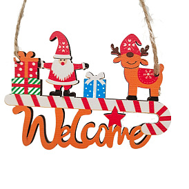 Santa Claus Reindeer Gift Box Hanging Wooden Ornaments, with Rope, Wooden Decor for Christmas Party, with Word Welcome