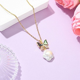 Brass Pave Clear Cubic Zirconia and Natural Abalone Shell Butterfly and Natural Baroque Keshi Pearl Flower Pendant 304 Stainless Steel Cable Chain Necklaces for Women, Floral White