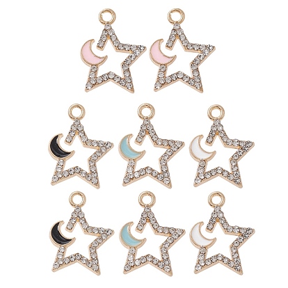 8Pcs 4 Colors Rack Plating Alloy Rhinestone Pendants, with Enamel, Nickel Free, Star with Moon Charms