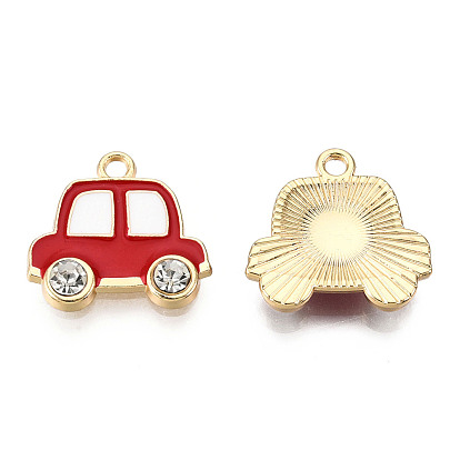 Alloy Enamel Pendants, with Crystal Rhinestone, Light Gold, Car