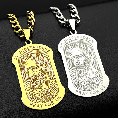 Religion 304 Stainless Steel Saint Jude Rectangle Dog Tag Pendant Necklaces for Men