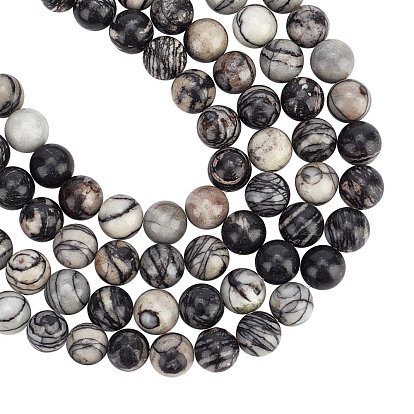 Natural Black Silk Stone/Netstone Round Bead Strands