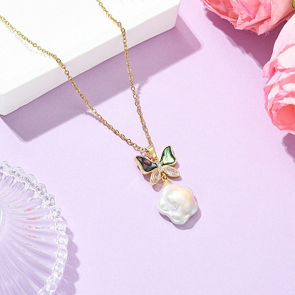 Brass Pave Clear Cubic Zirconia and Natural Abalone Shell Butterfly and Natural Baroque Keshi Pearl Flower Pendant 304 Stainless Steel Cable Chain Necklaces for Women, Floral White