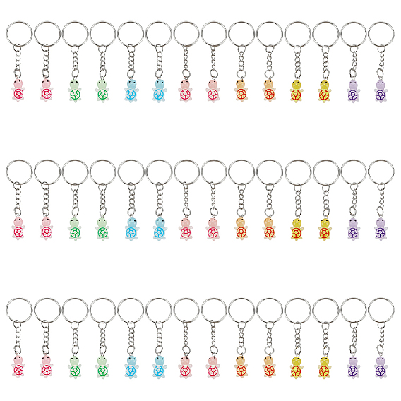 42Pcs 7 Colors Resin Tortoise Keychains, with Iron Split Key Rings, Platinum, Glow in the Dark