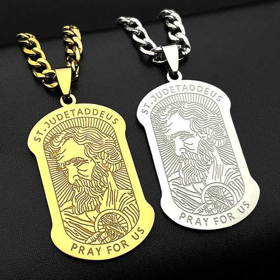 Religion 304 Stainless Steel Saint Jude Rectangle Dog Tag Pendant Necklaces for Men