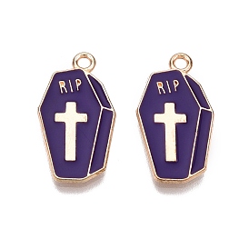 Halloween Theme Alloy Enamel Pendants, Cadmium Free & Lead Free, Light Gold, Coffin with Cross Charm