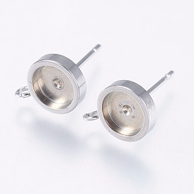 304 Stainless Steel Stud Earring Settings, with Loop, Flat Round