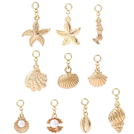 10 piezas 10 estilos de aleación de temática oceánica con dijes colgantes europeos de perlas de plástico, Colgantes con forma de concha de estrella de mar y agujeros grandes