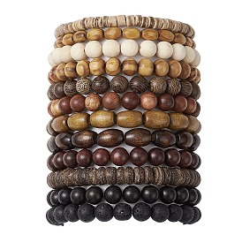 12Pcs 12 Styles Synthetic Lava Rock Stretch Bracelets Sets, Wood Beaded Stretch Stackable Bracelets for Men