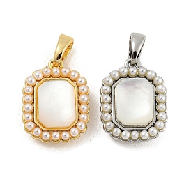 Brass Pave Shell Pendants, with ABS Plastic Imitation Pearl, Rectangle Charm