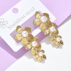 304 искусственный жемчуг из нержавеющей стали и АБС-пластика 3 серьги-гвоздики в виде цветов, ионное покрытие (ip)