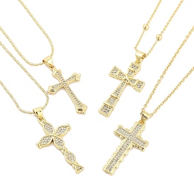 Brass Micro Pave Clear Cubic Zirconia Pendant Necklaces, Cross