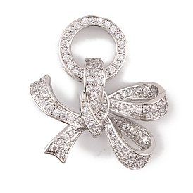 Rack Plating Brass Micro Pave Clear Cubic Zirconia Fold Over Clasps, Long-Lasting Plated, Lead Free & Cadmium Free, Bowknot
