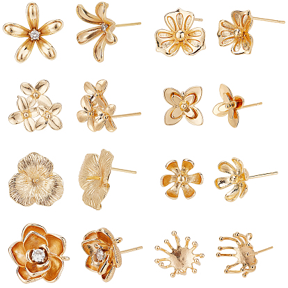 16Pcs 8 Style Brass Stud Earring Findings, with 925 Sterling Silver Pins and Loop, with Clear Cubic Zirconia