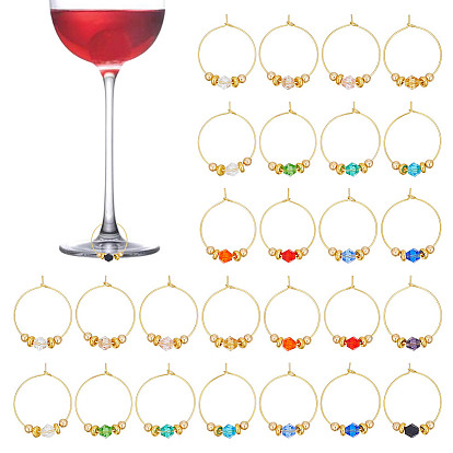 28 шт 14 цвета биконус стеклянные винные бокалы подвески, с латунным кольцом-подвеской для бокала для вина