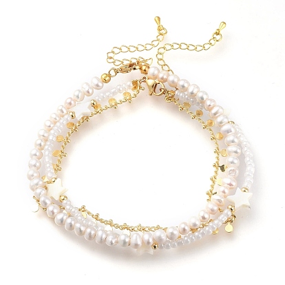 Brass Anklets Sets, Double Layer Anklets, with Glass Seed Beads, Natural Pearl Beads, Star Natural Shell Beads and 304 Stainless Steel Lobster Claw Clasps