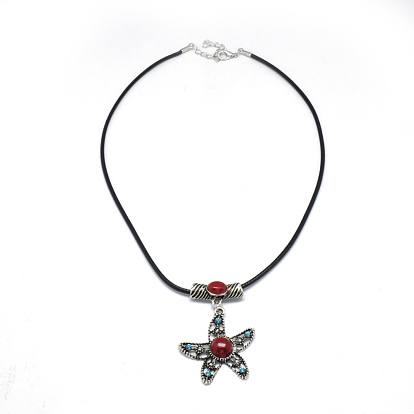 Alloy Rhinestone Pendant Necklaces, with Turquoise and Waxed Cord, Starfish/Sea Stars