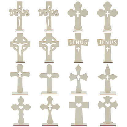 16Pcs 5 Styles Wood Cross Prayer Sculpture, Religion Display Decorations