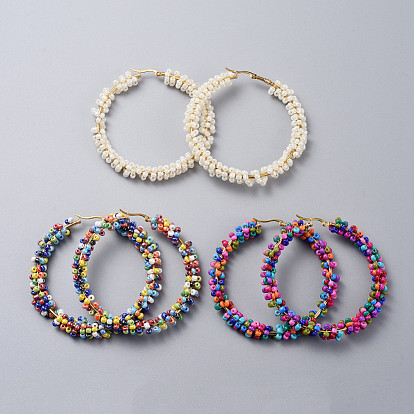 304 Stainless Steel Hoop Earrings, Beaded Hoop Earrings, with Glass Seed Beads, Golden