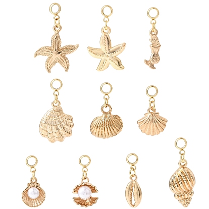 10 piezas 10 estilos de aleación de temática oceánica con dijes colgantes europeos de perlas de plástico, Colgantes con forma de concha de estrella de mar y agujeros grandes
