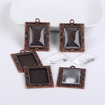 Пузырь Locket настройки кулон кабошон скошенных тибетском стиле и прозрачного стекла кабошонов, прямоугольные, 40x28x2 мм, отверстие: 3 мм, кабошон: 18x25x5 мм