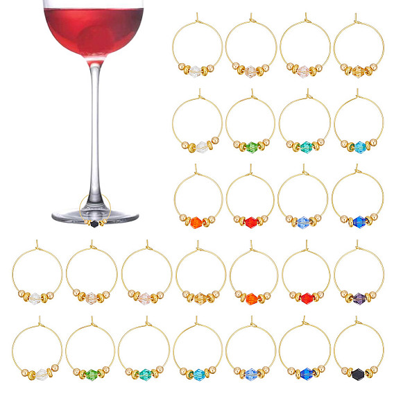 28 шт 14 цвета биконус стеклянные винные бокалы подвески, с латунным кольцом-подвеской для бокала для вина