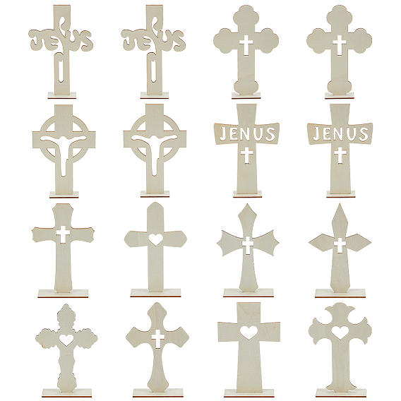 16Pcs 5 Styles Wood Cross Prayer Sculpture, Religion Display Decorations